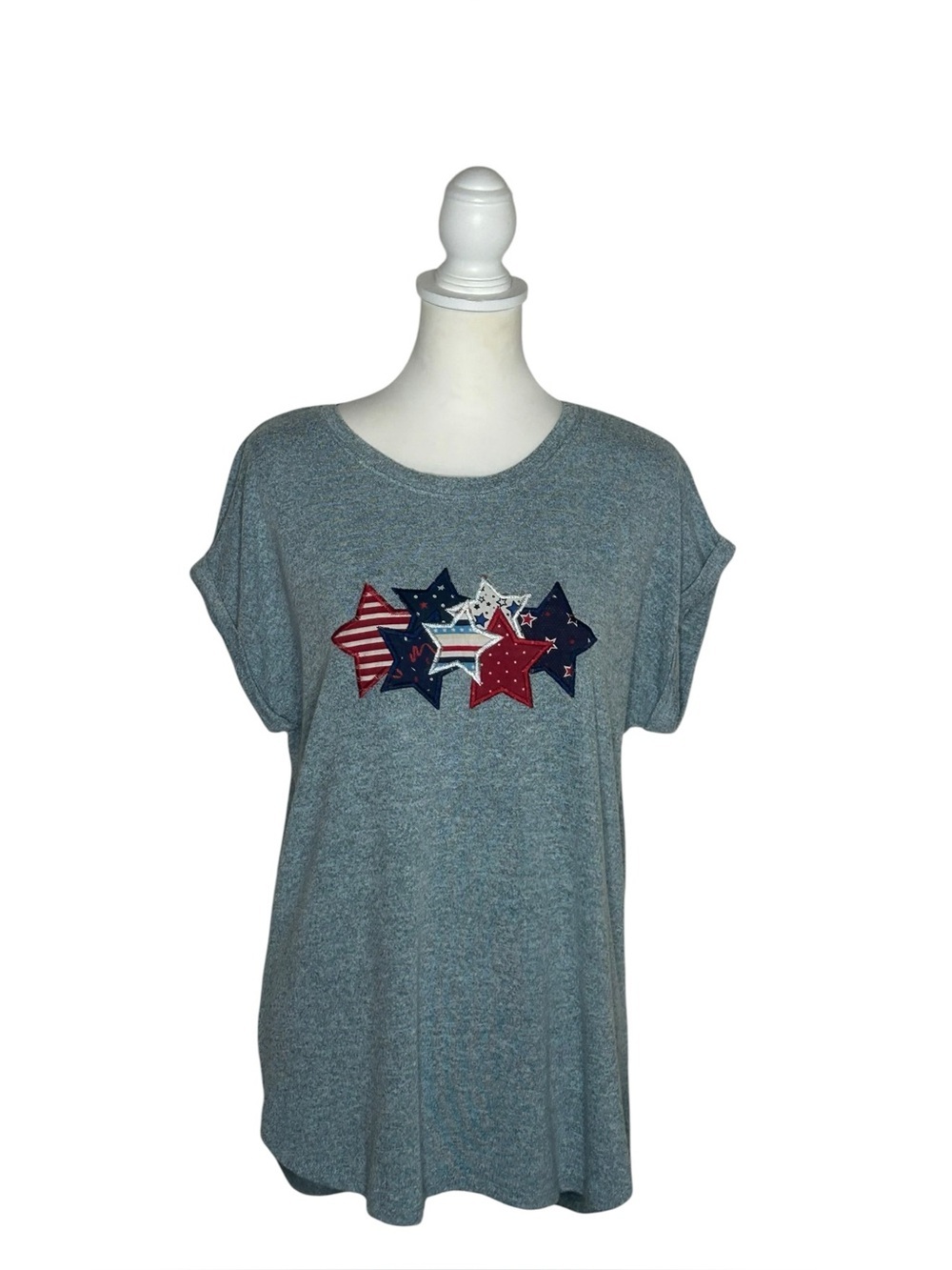 Cactus + Pearl Heather Gray Star Appliqué Tunic Top EUC Sz M Patriotic